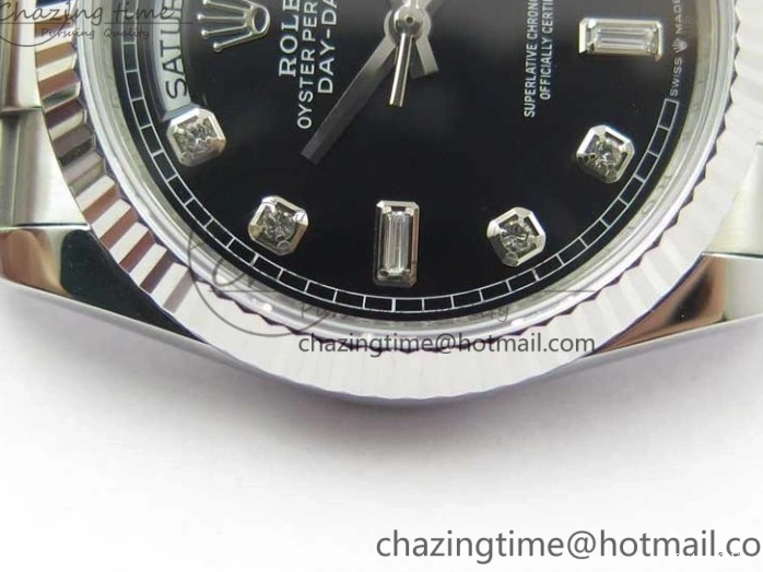 0415 TopPick Day-Date 36 SS 128239 Bp Maker Best Edition Black Dial Crystral Markers on President Bracelet 3149